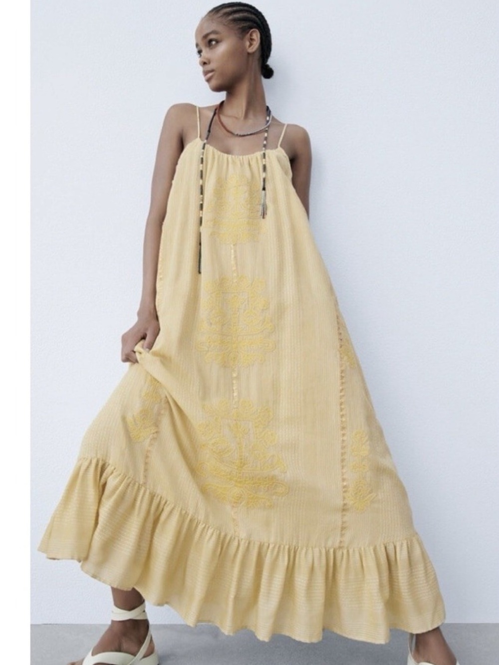 Zara Pale Yellow Embroidered Spaghetti-Strap Maxi Dress - Picture 1 of 3